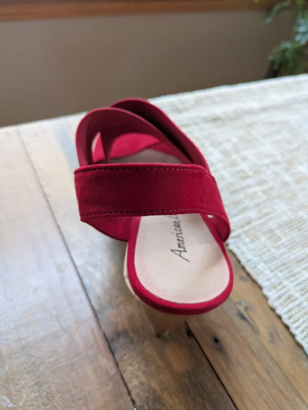american eagle red elastic strap suede cross front cork wedges #544